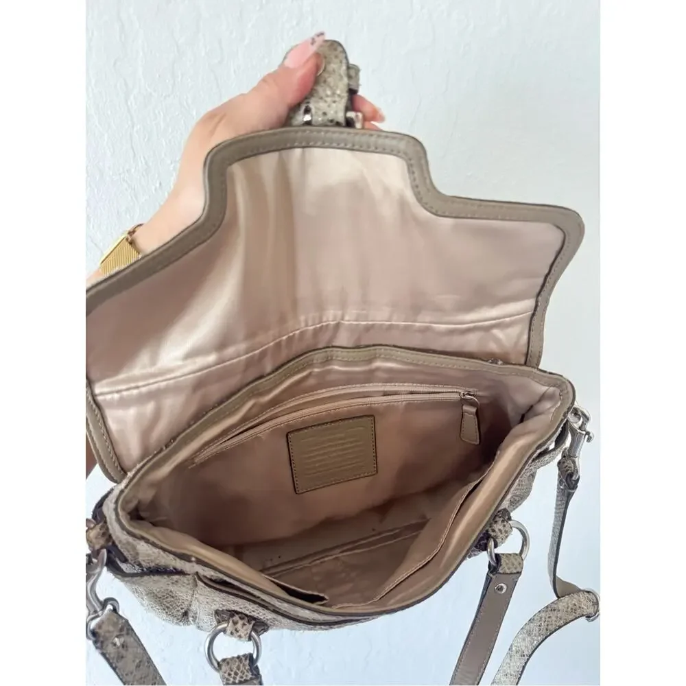 Coach Campbell Snakeskin Leather Medium Flap Crossbody Shoulder Satchel Bag